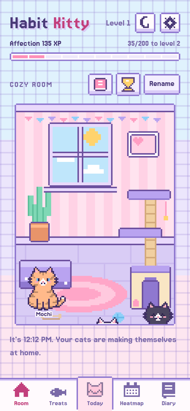 Habit Kitty: a pixel-art room with two cats, a cactus and a window